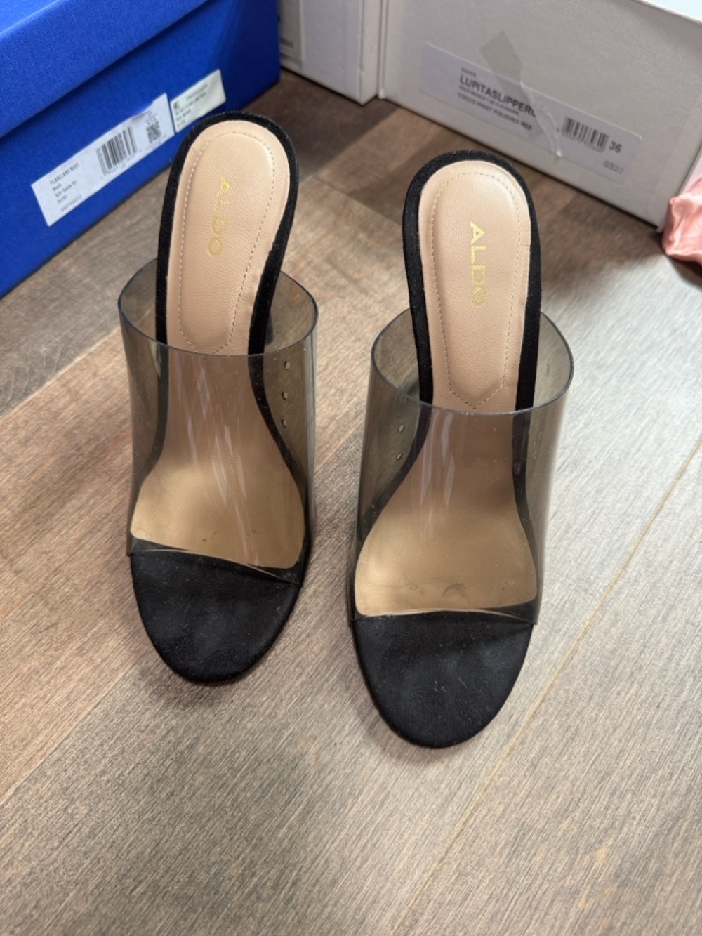 Aldo Black and Clear PVC Slide Mules